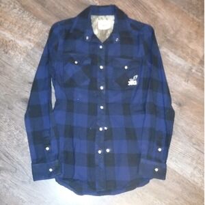 Realtree Girl Plaid Western Pearl Shirt Snap Button Front Blue Black‎ Medium